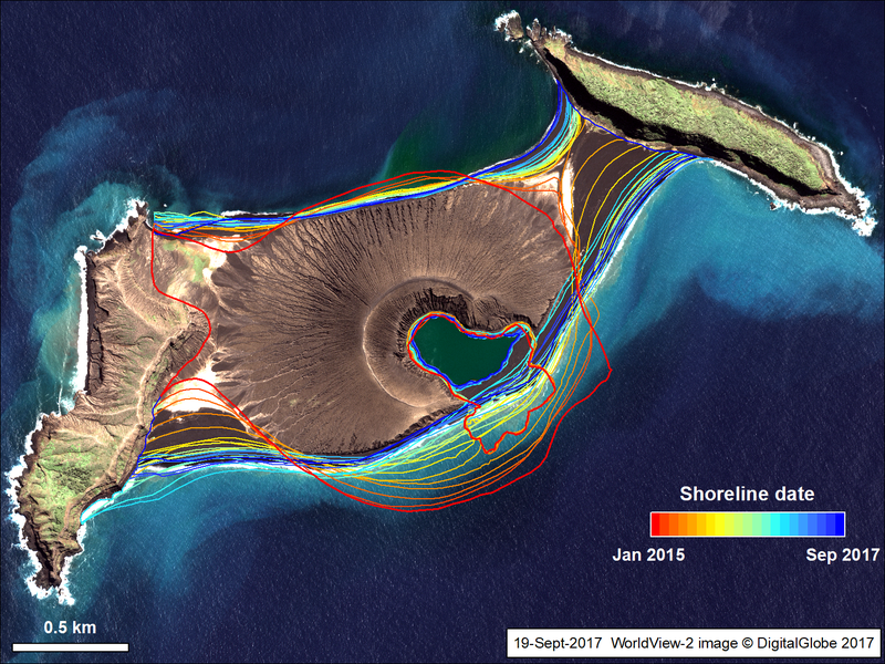 Changes to Hunga Tonga-Hunga Ha’apai’s shoreline over time are overlain atop a September 2017 satellite image. Image: NASA/©DigitalGlobe